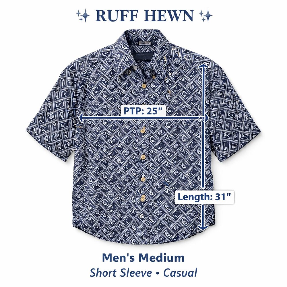 Ruff Hewn Men’s Hawaiian Shirt Medium Linen Cotton Blend Nautical Print - Picture 2 of 7